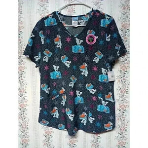 Disney Frozen Scrub Top Womens Medium Gray Olaf Funny Ice Print V Neck Pediatric
